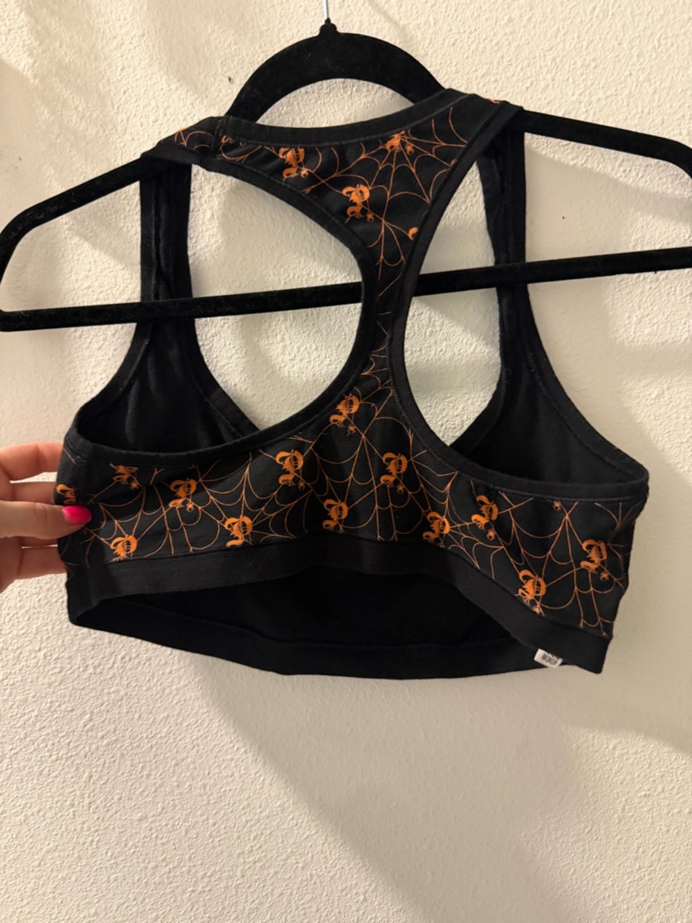 PINK Victoria's Secret Black Sports Bra with Orange Spiderweb Print - Picture 3 of 3